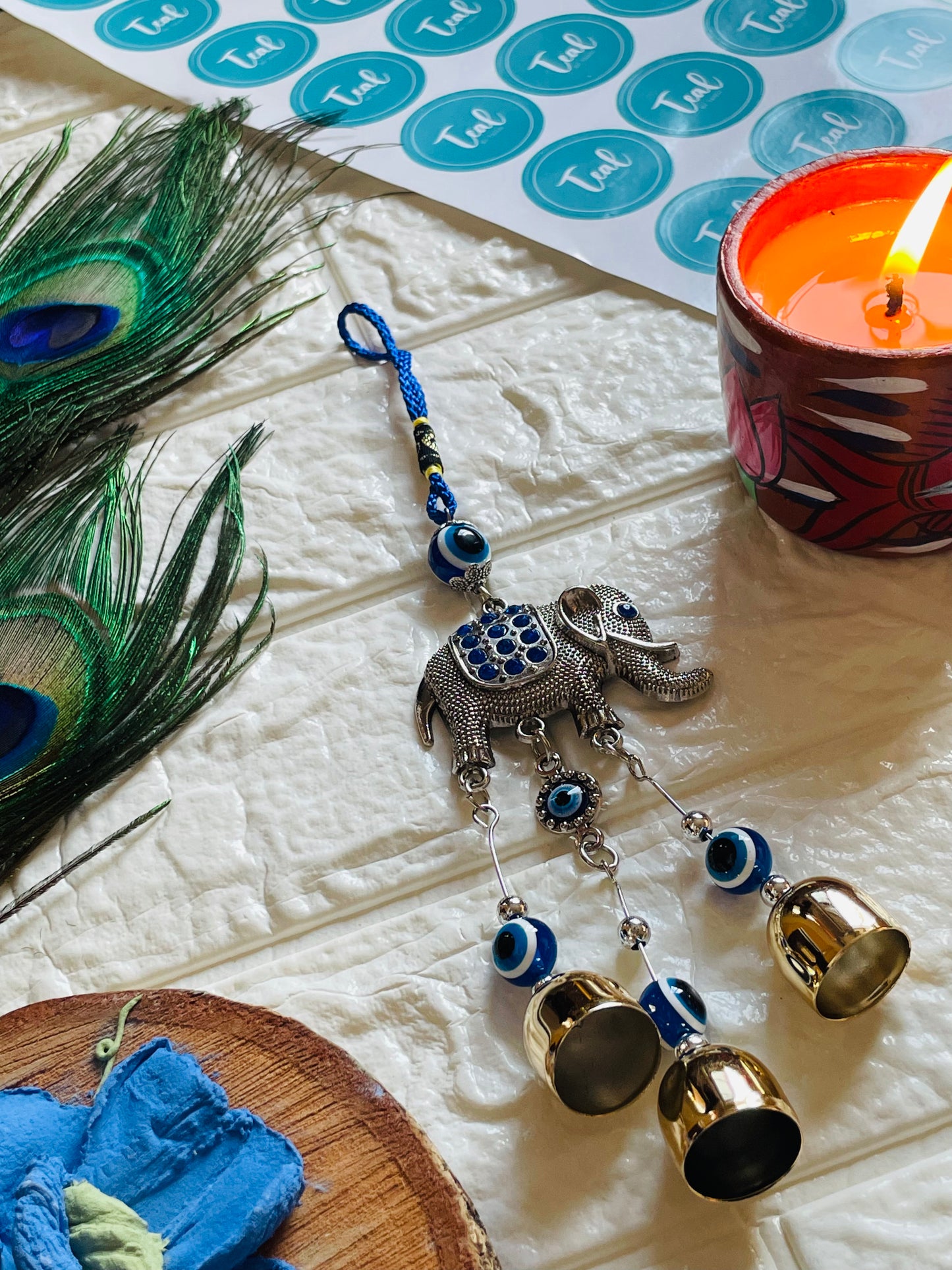 Turkish Evil Eye Elephant Windchime - Teal By Tanvi