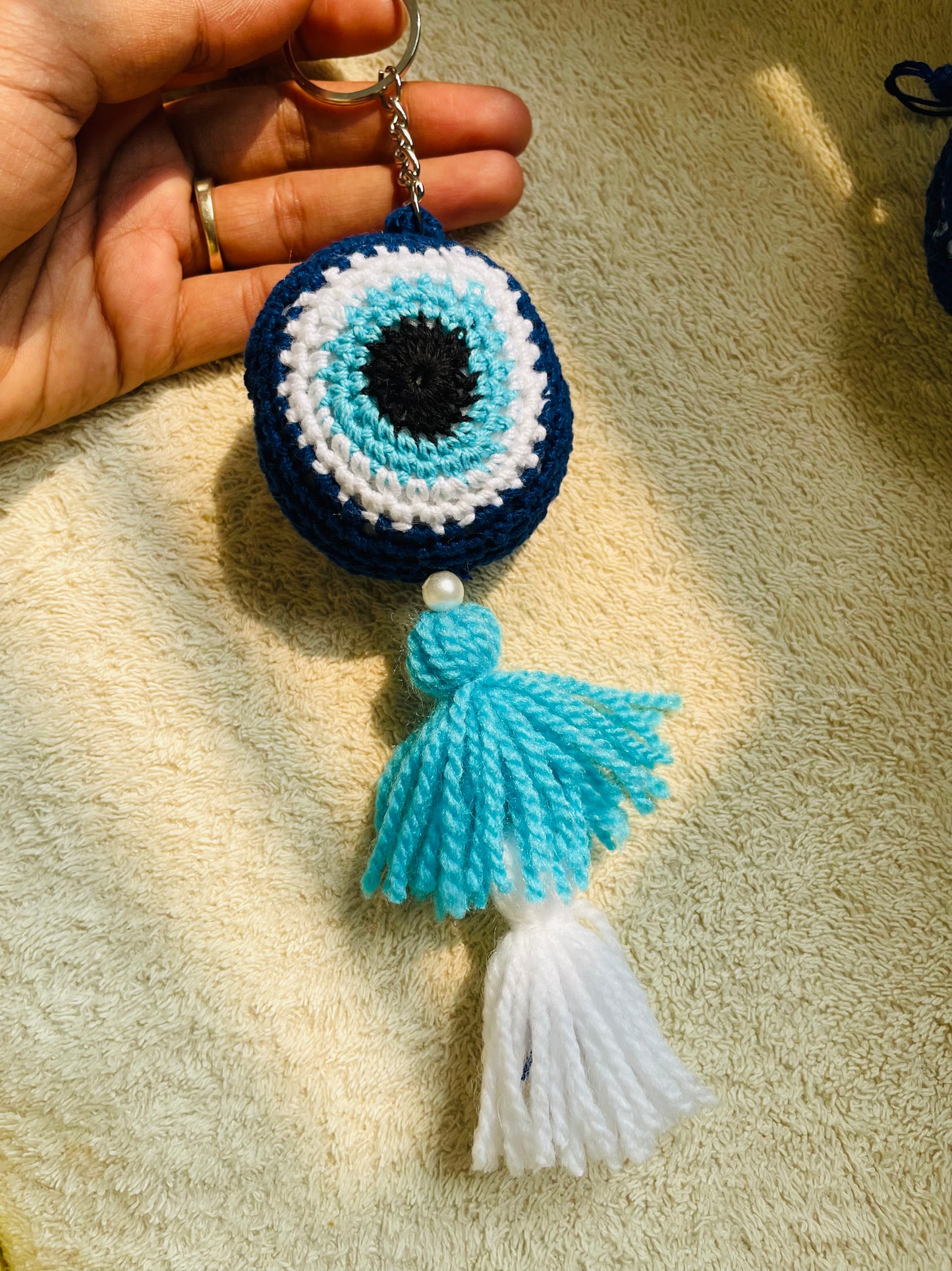 Evil Eye Crochet Ball Keychain - Teal By Tanvi