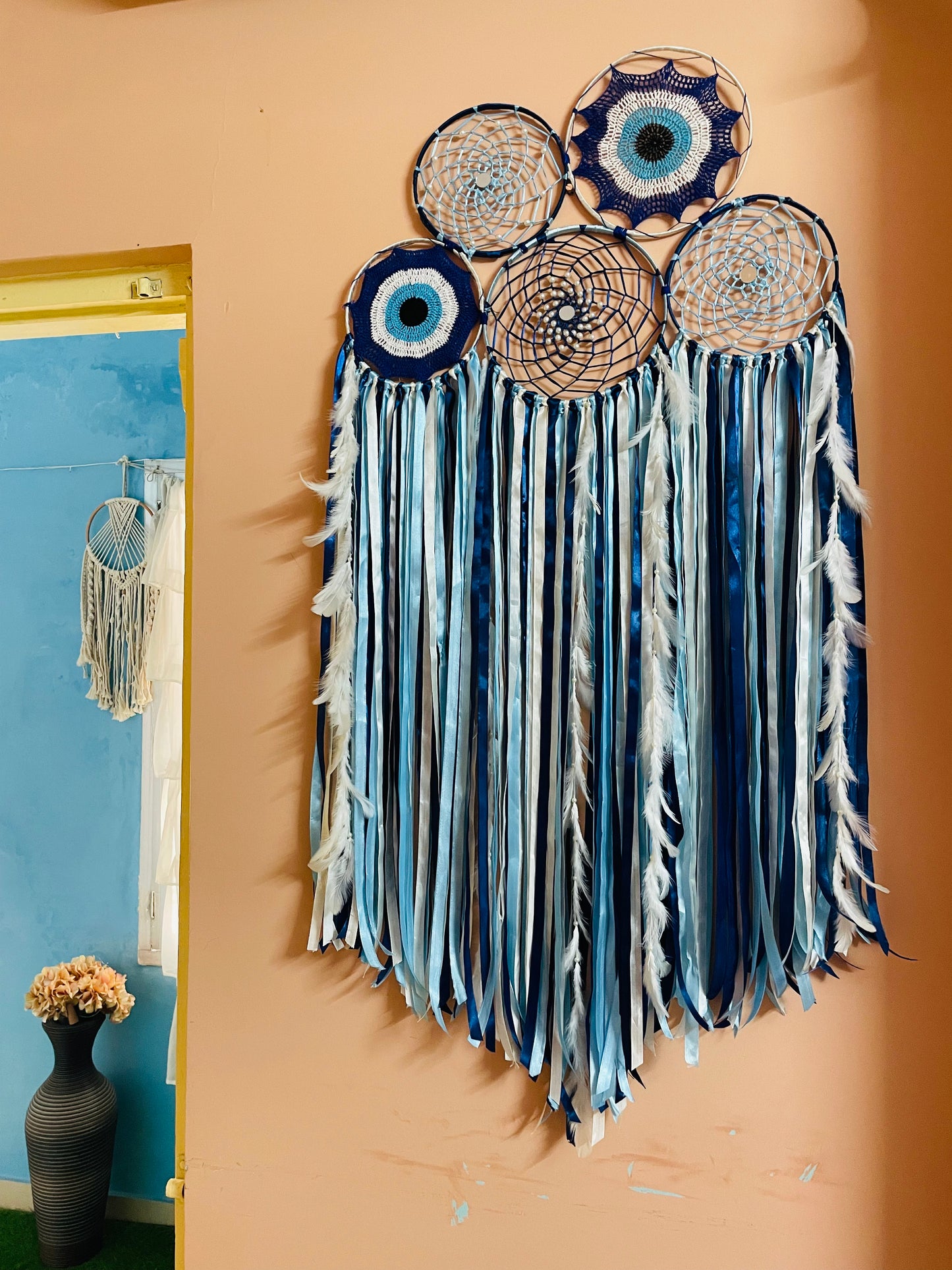 Evil Eye Cluster Dreamcatcher - Teal By Tanvi