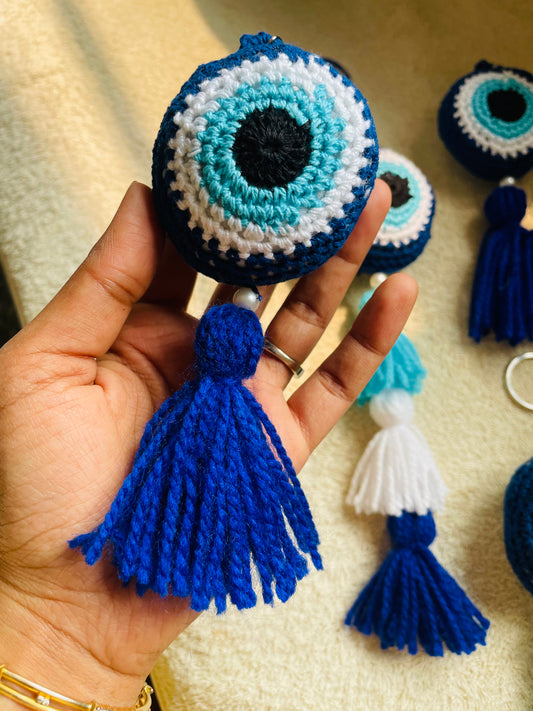 Evil Eye Crochet Ball Keychain - Teal By Tanvi