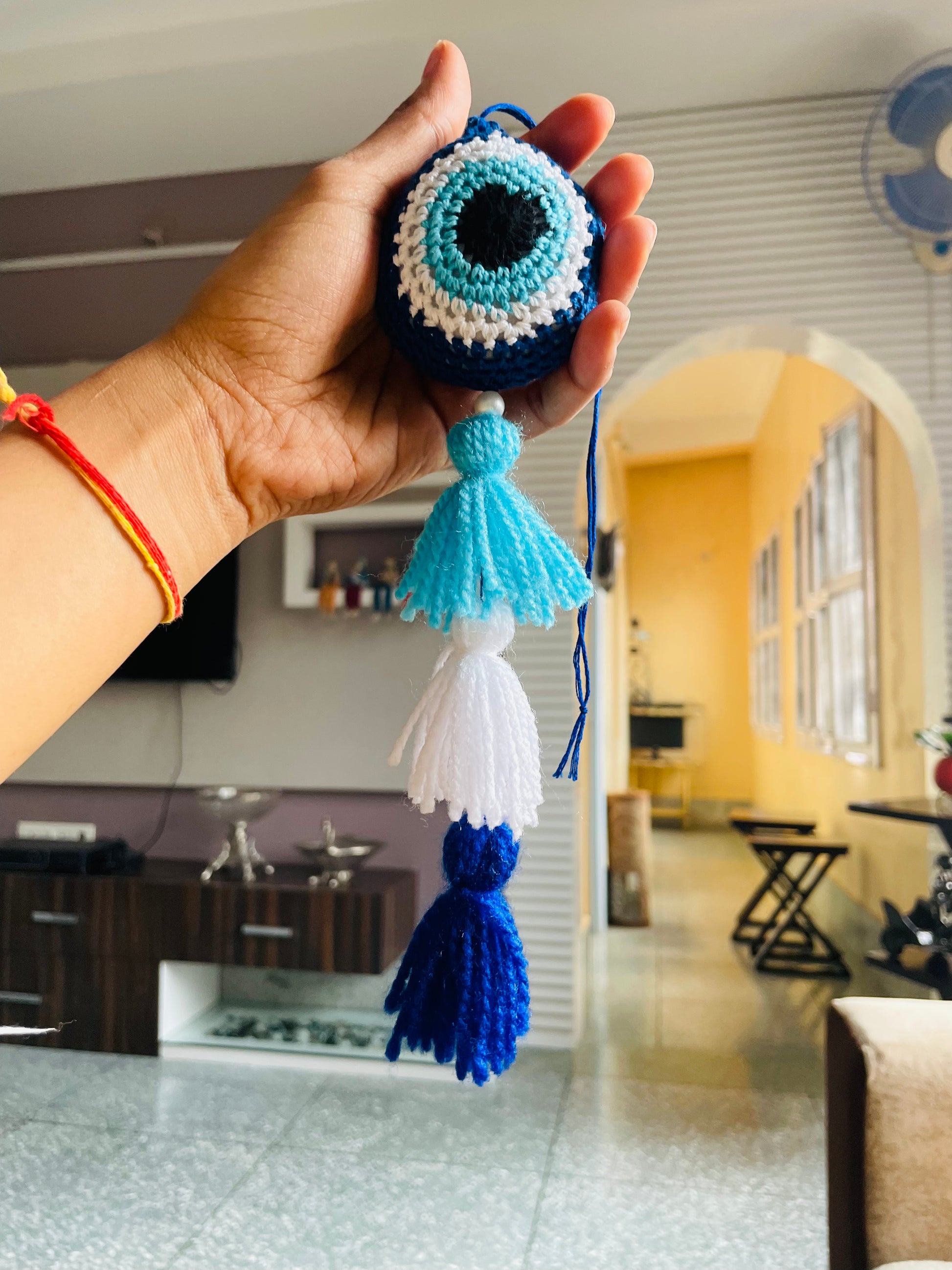 Evil Eye Crochet Ball Keychain/Wall Hanging - Teal By Tanvi